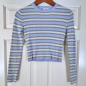 Zara Blue and Green Striped Knit Crop Top  - Women’s Size S